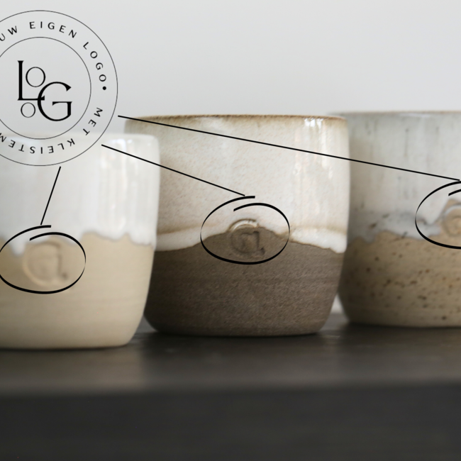 Personalize a ceramic cup with a stamp of your logo, name, word is custom handmade in ARTISANN style