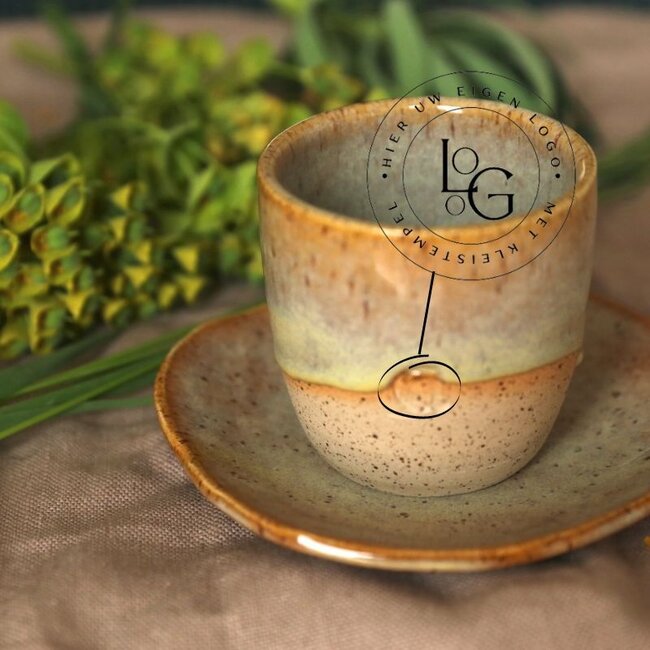 Personalize a ceramic cup with a stamp of your logo, name, word is custom handmade in ARTISANN style