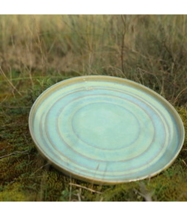 artisanni Handmade unique ceramic large plate for main course, cheese, presentation in a green lagoon glaze finished