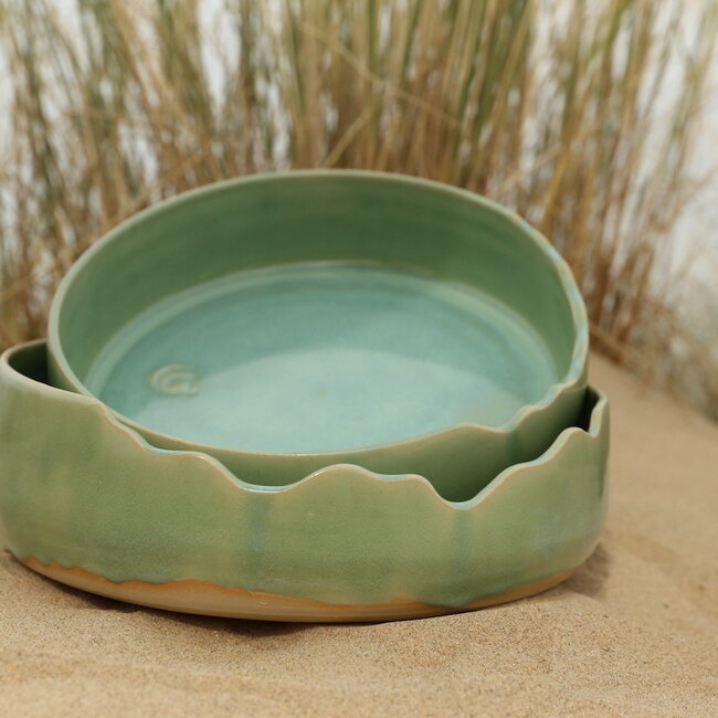 Unique, exclusive handmade large green decorative bowl with an artistic finish