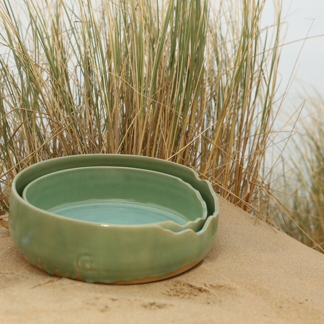Unique, exclusive handmade large green decorative bowl with an artistic finish