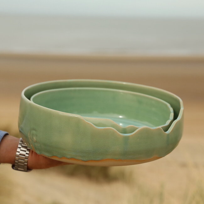 Unique, exclusive handmade large green decorative bowl with an artistic finish