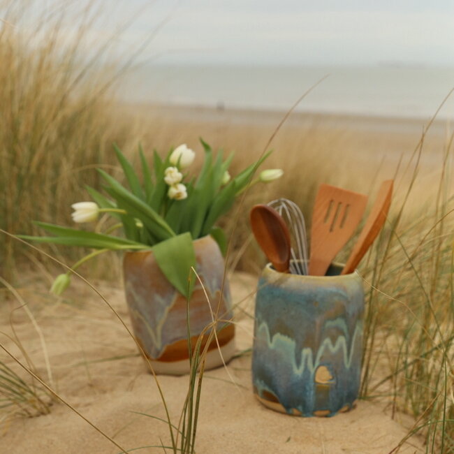 Ceramic handmade vase and spoon pot, Mustard