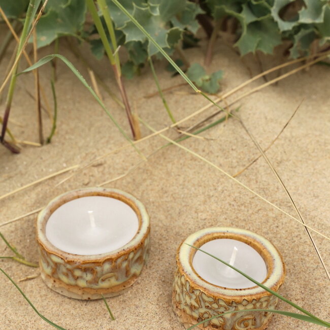 Handmade ceramic tealightholder, Mustard carving