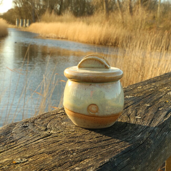 Sugar bowl "Mustard" handmade in spots clay with a uniquely designed Artisann