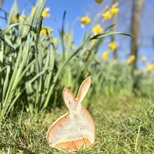De unieke paashaas is handgemaakt en afgewerkt met onze Mosterd glazuur