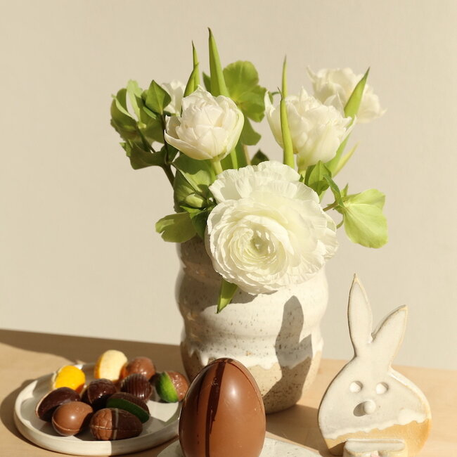 The unique Easter bunny is handmade and finished with our White glaze