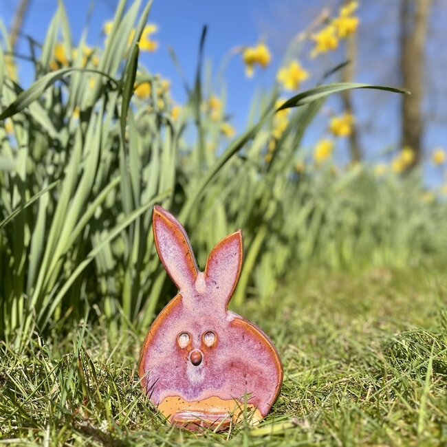 The unique Easter bunny is handmade and finished with our Sunrise glaze