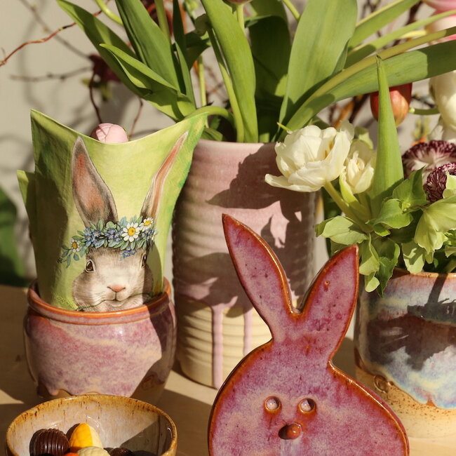 The unique Easter bunny is handmade and finished with our Sunrise glaze