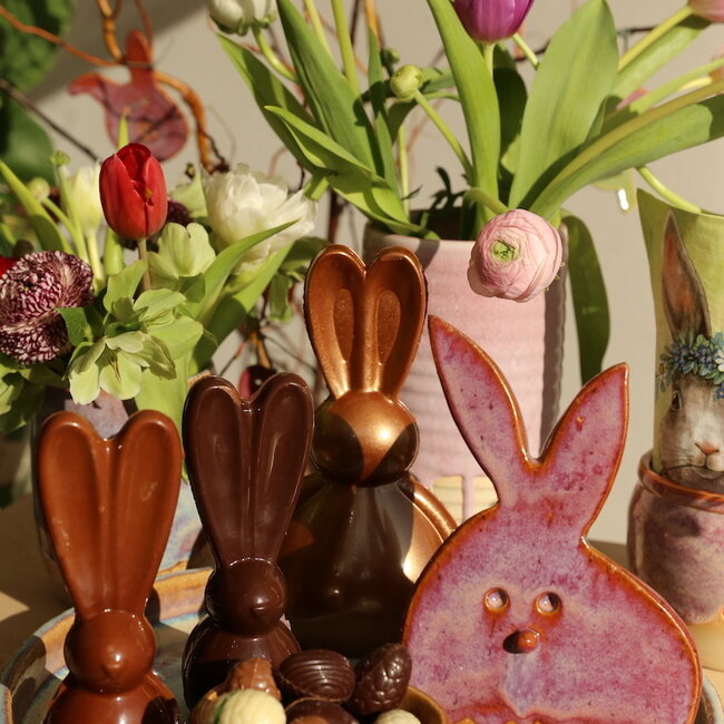 The unique Easter bunny is handmade and finished with our Sunrise glaze