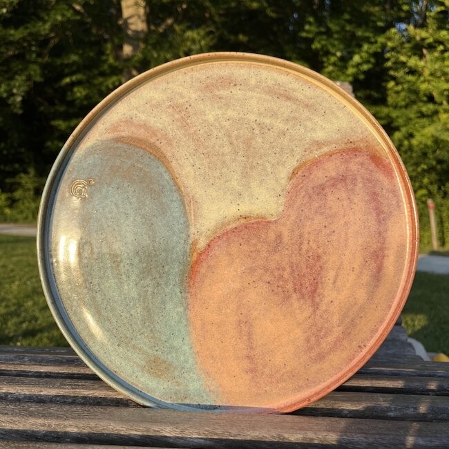 With the turntable handmade plate with speckled Pyerite clay in 3 Colors  high firing glaze.