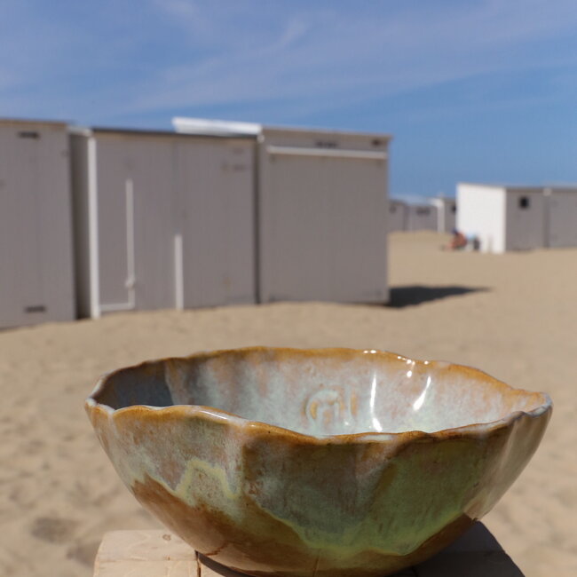Unieke, exclusieve handgemaakte grote Mosterd salade, fruitschaal voor uw tafel, keukeneiland.