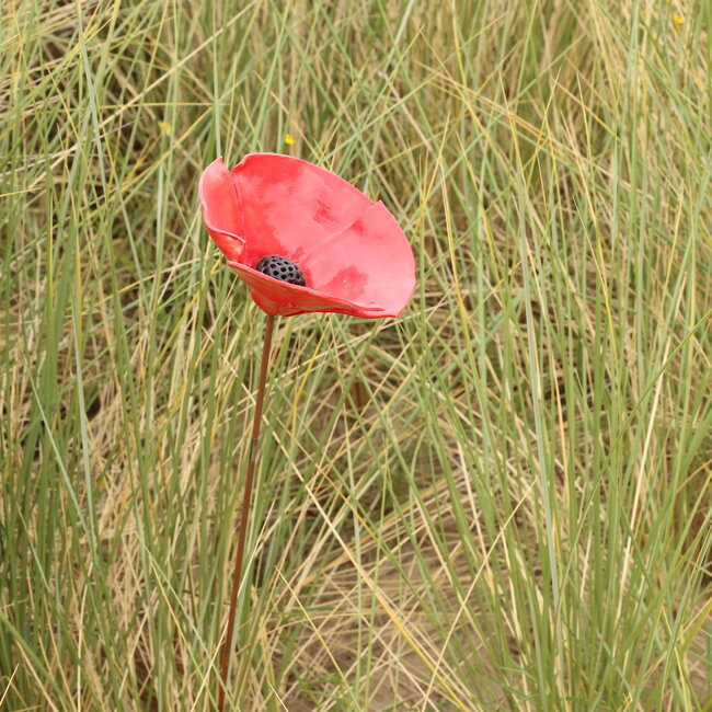 Handmade unique porcelain poppy, red glazed