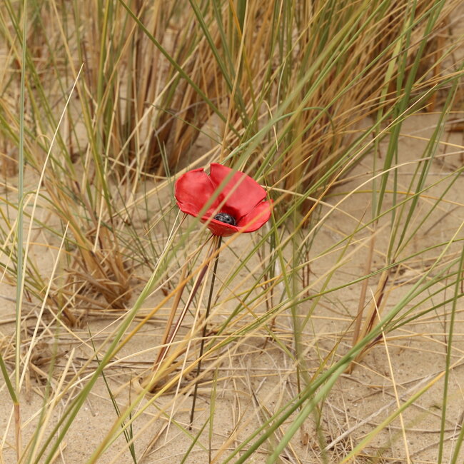 Handmade unique porcelain poppy, red glazed