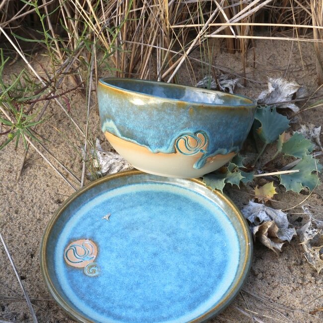 Personalize a ceramic plate with a stamp of your logo, name, word is custom handmade in ARTISANN style