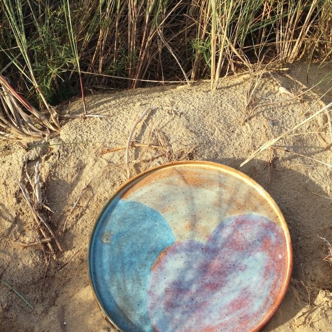 With the turntable handmade plate with speckled Pyerite clay in 3 Colors  high firing glaze.