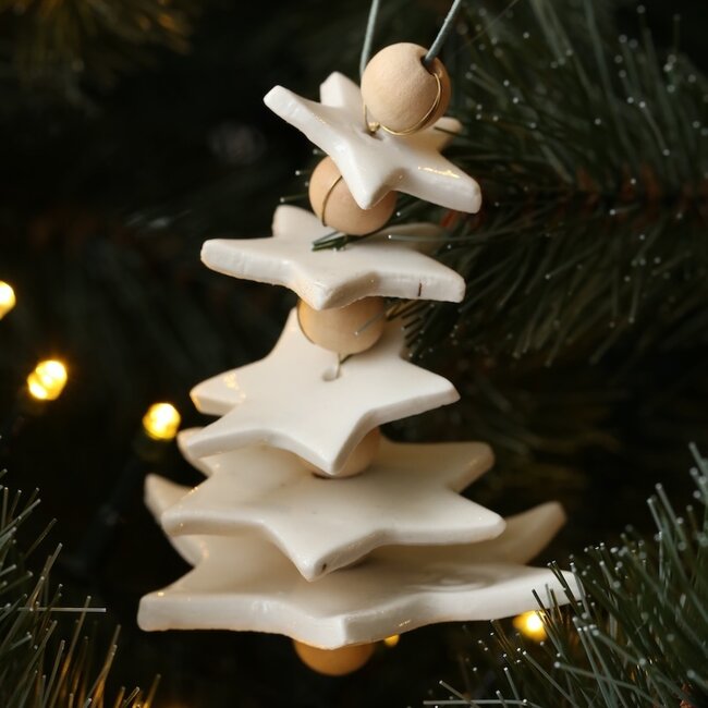 Handmade porcelain Christmas tree finished with wooden beads
