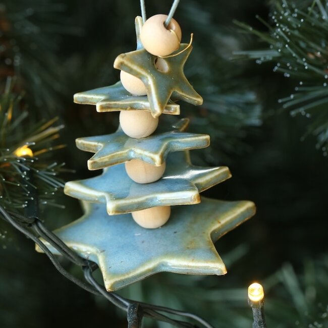 Handmade porcelain Christmas tree finished with wooden beads