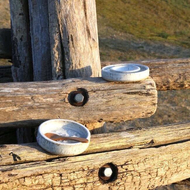 Handmade small ceramic oil dish, White Spots