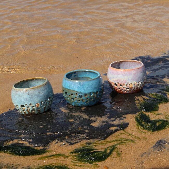 Ceramic handmade tea light holder Globe, Turquoise