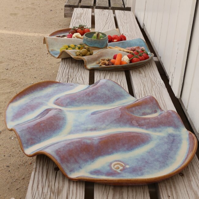 Wavy handmade ceramic tapas plate, Tricolor