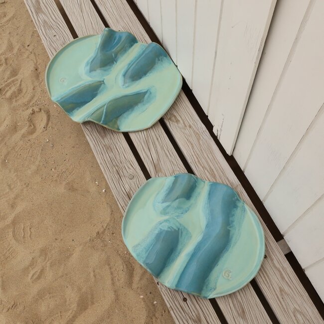Wavy handmade ceramic tapas plate, Lagune-Turquoise