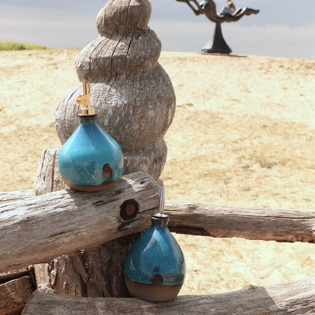 Bouteille d'huile en céramique faite à la main, Italian Turquoise