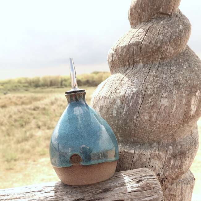 Bouteille d'huile en céramique faite à la main, Italian Turquoise