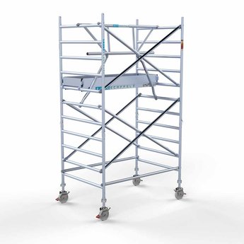 Euroscaffold Rolsteiger met enkele voorloopleuning 135 x 250 x 4,2 meter werkhoogte met lichtgewicht platform