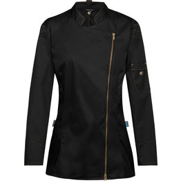 Kochjacke Damen, Kontrast-RV gold-bronze , langarm, schwarz Gr. S