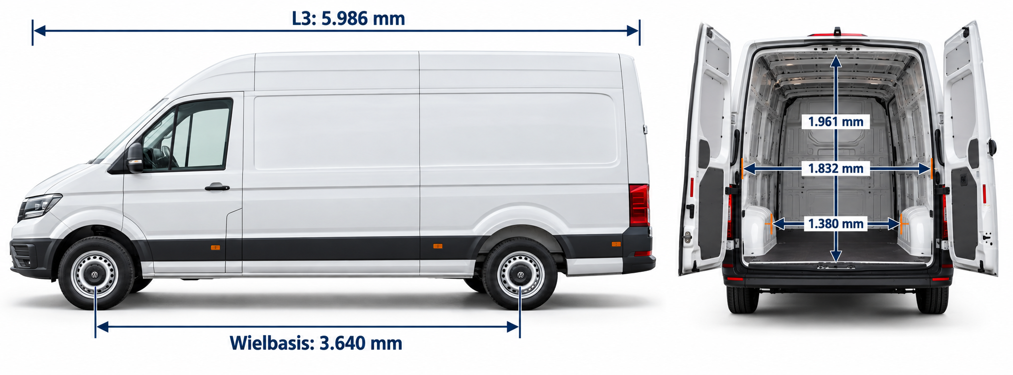 Illustratief overzicht van een Crafter L3H3: lengte 5986 mm, wielbasis 3640 mm en laadruimte voorwielaandrijving