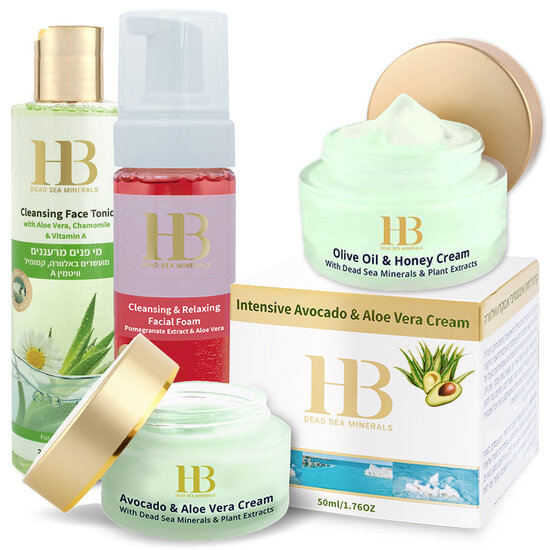 HB Dead Sea Minerals Verzorgingsset voor de Gevoelige Huid – Mousse, Tonic en Dag- & Nachtcrème