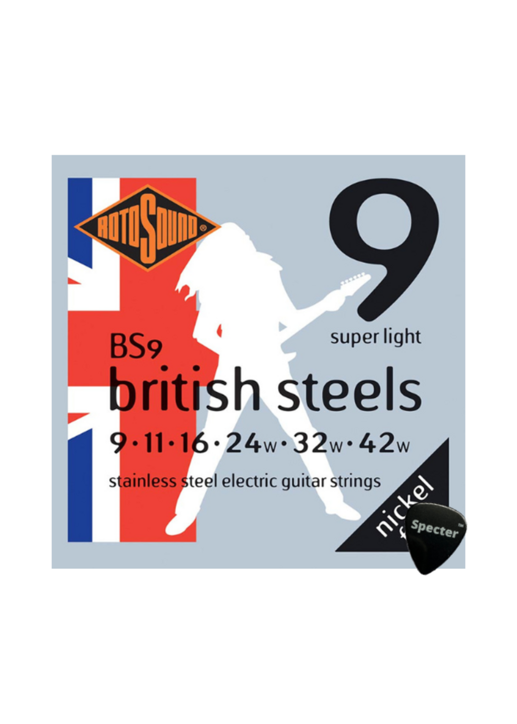 rotosound Rotosound British Steel Snarenset Elektrische Gitaar Met Specter Plectrum - 009 - 042 Set - Gitaar Snaren