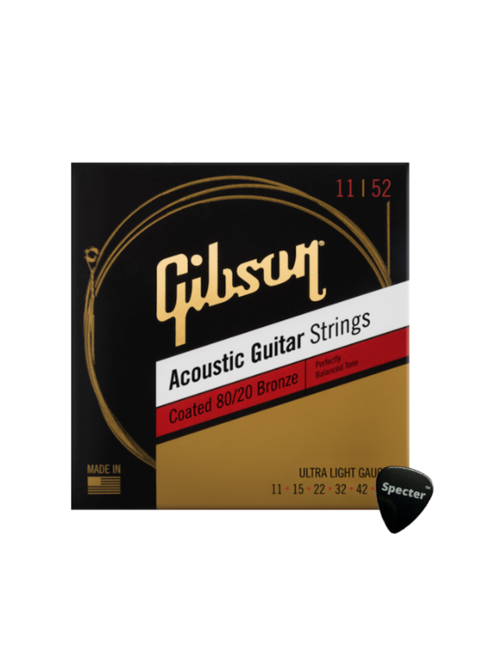 Gibson Gibson 80/20 Bronze Gitaarsnaren voor Akoestische Gitaar Extra Light 11-52 met Coating + Specter Plectrum – Duurzaam en Heldere Klank