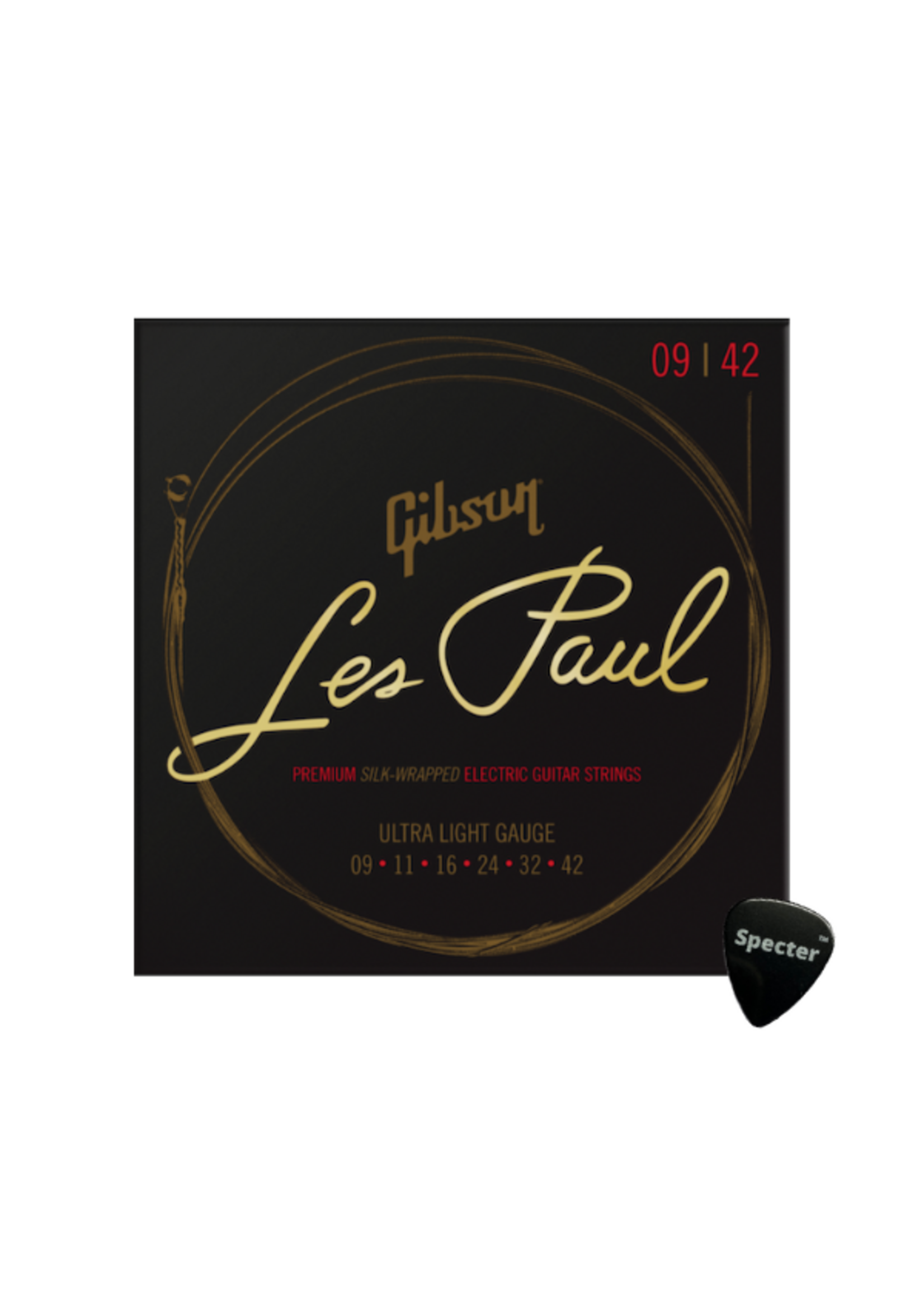 Gibson Gibson Les Paul Gitaarsnaren Elektrische Gitaar Premium Silk Wrapped Ultra Light (09-42) + Specter Plectrum - Perfecte Klank en Duurzaamheid