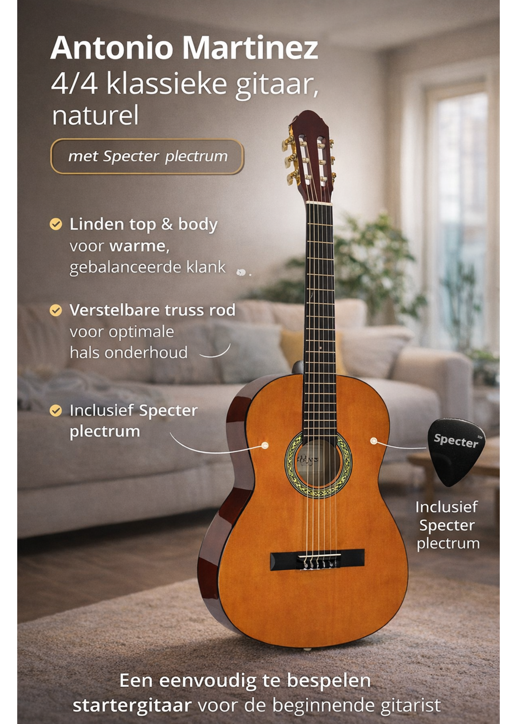 specter Antonio Martinez Klassieke Gitaar 4/4 Full Size Naturel met Specter Plectrum
