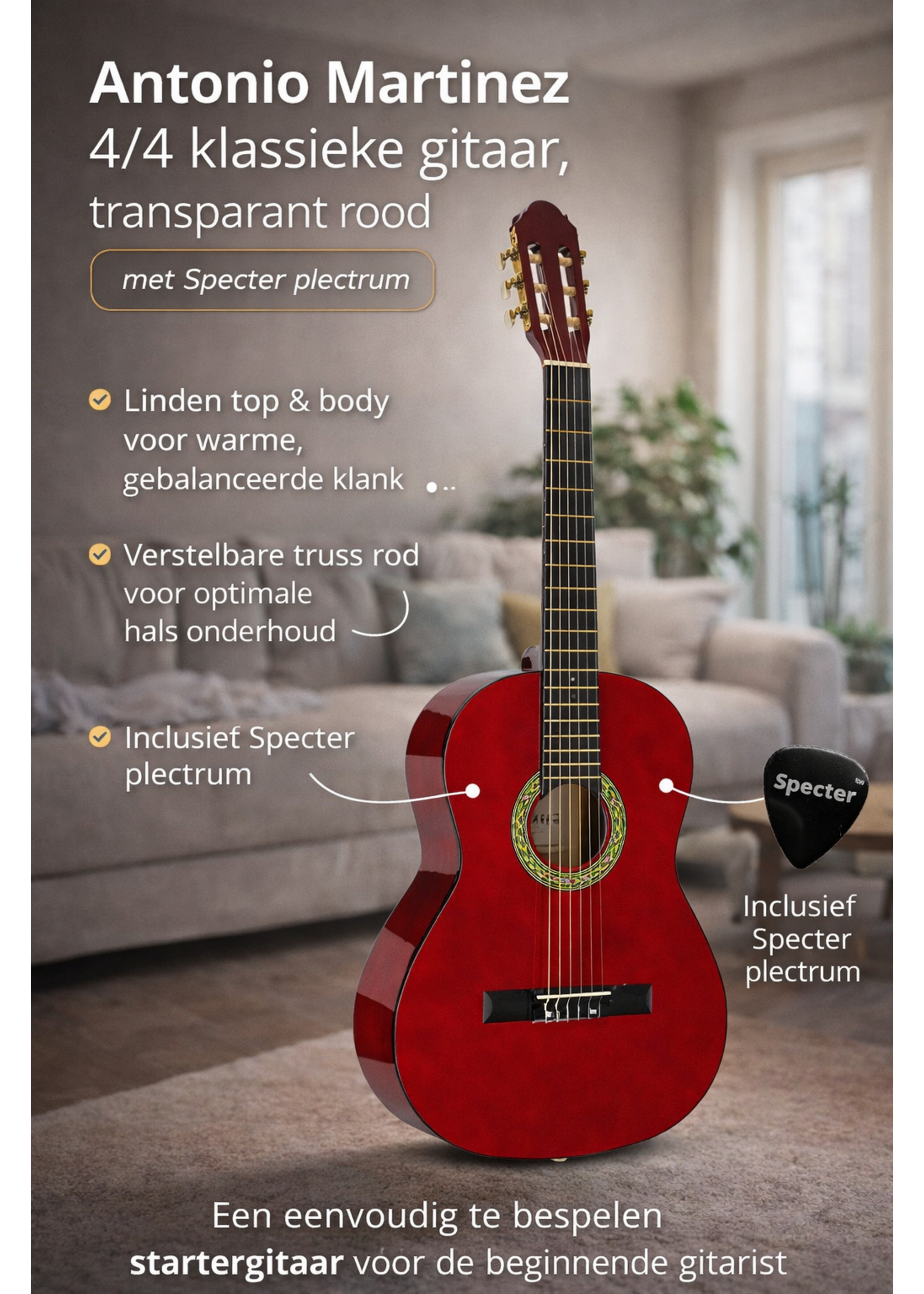 specter Antonio Martinez Klassieke Gitaar 4/4 Full Size Dark Red met Specter Plectrum