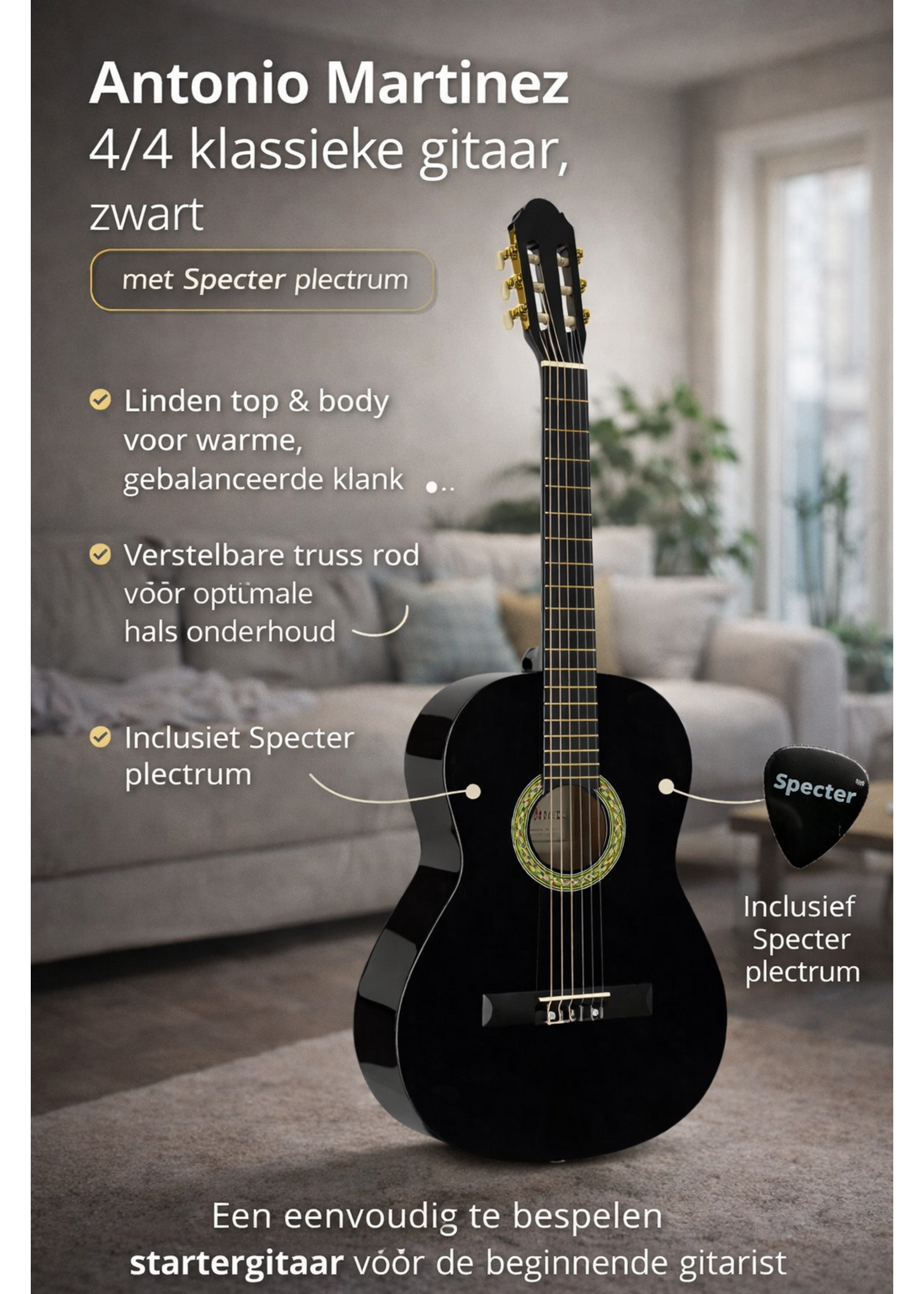 specter Antonio Martinez Klassieke Gitaar 4/4 Full Size Black met Specter Plectrum