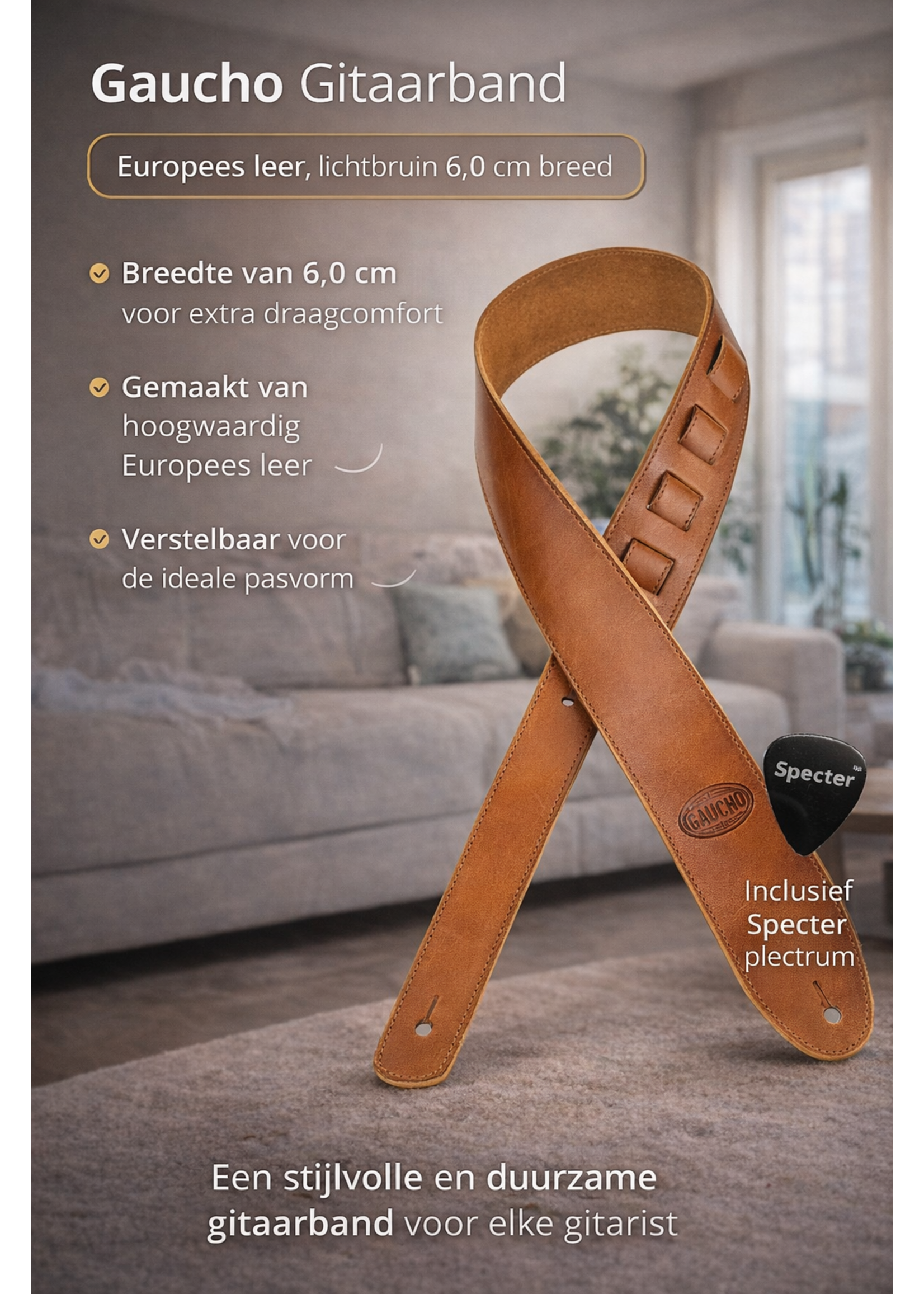 Gaucho Gaucho GST-941 Gitaarband – Europees rundleer – 6 cm – Lichtbruin – incl. Specter plectrum