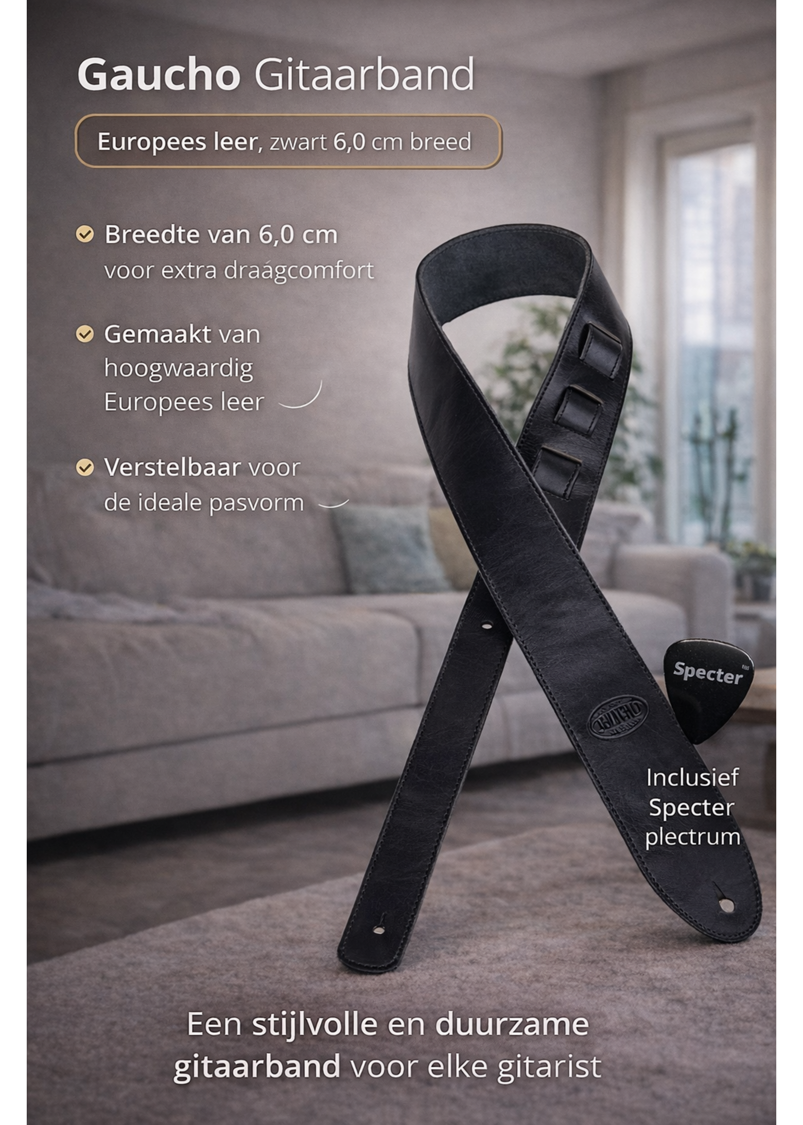 Gaucho Gaucho GST-941 Gitaarband – Europees rundleer – 6 cm – Zwart – incl. Specter plectrum