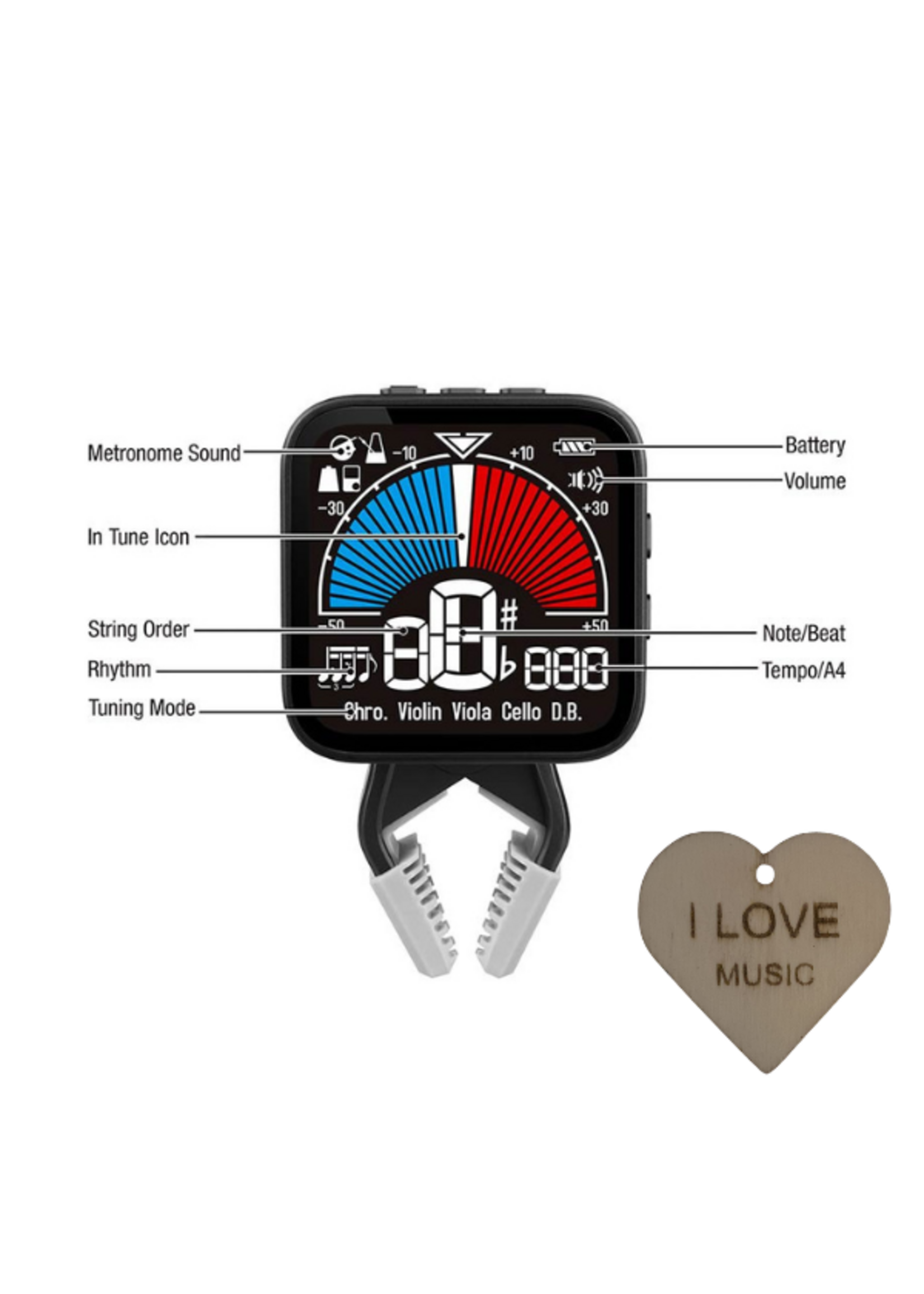 Cherub Cherub WMT-665V Clip Stemmer & Metronoom – Oplaadbaar – Viool Altviool Cello Contrabas – incl. Specter sleutelhanger