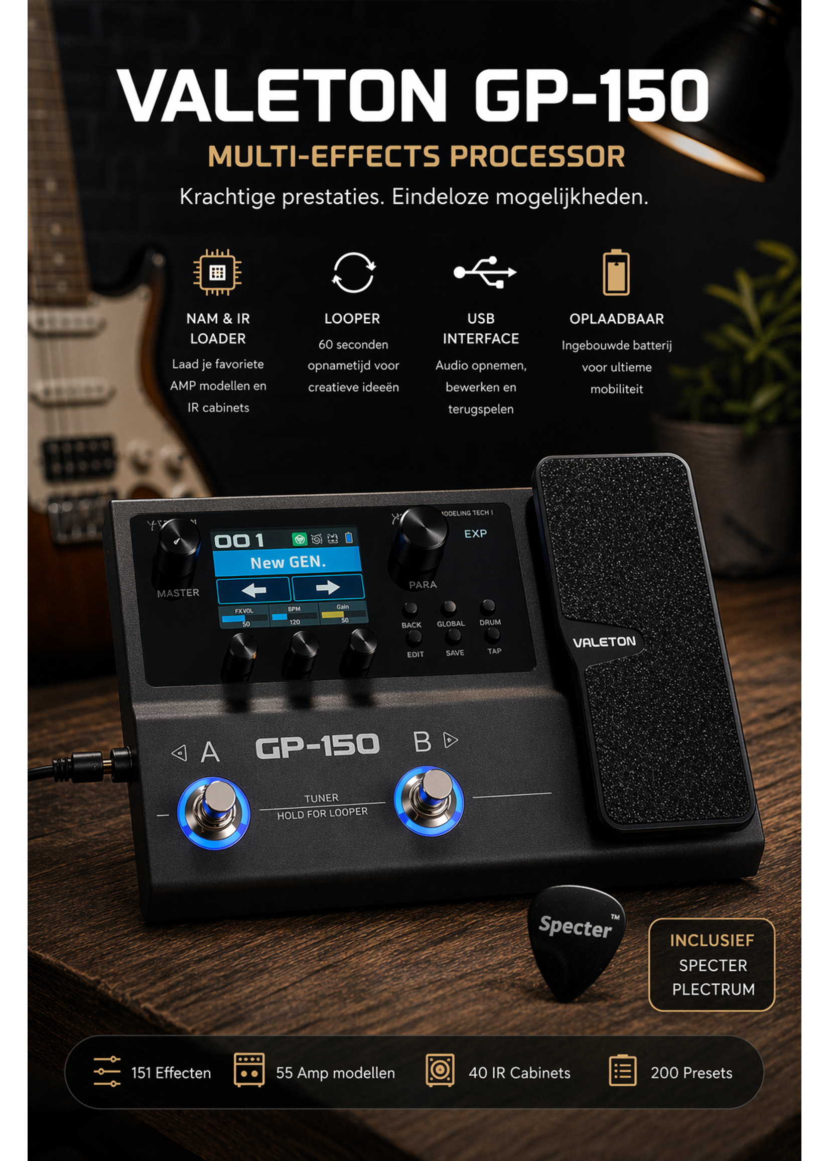 Valeton Valeton GP-150 Multi-effects Processor – NAM & IR Loader – Looper – USB Interface – Oplaadbaar – incl. Specter plectrum