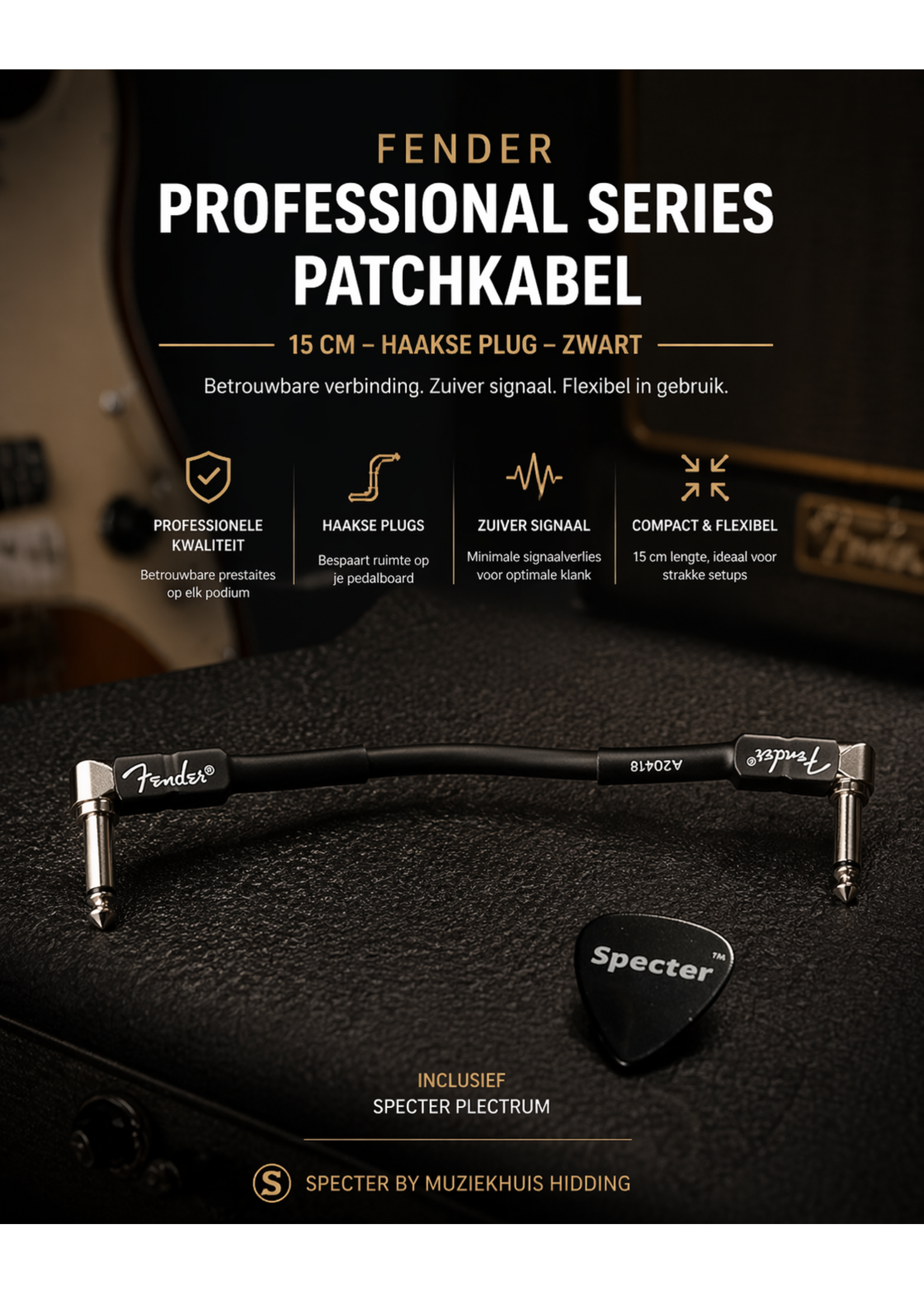 Fender Fender Professional Series Patchkabel – 15 cm – Haakse Plug – Zwart – incl. Specter plectrum