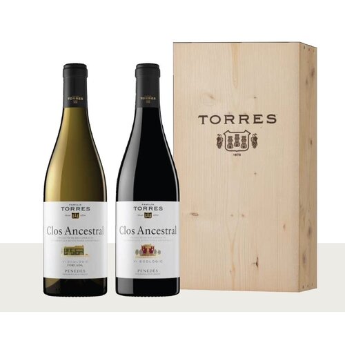 Conventioneel Torres houten kist 1 fles Wit + 1 fles Rood