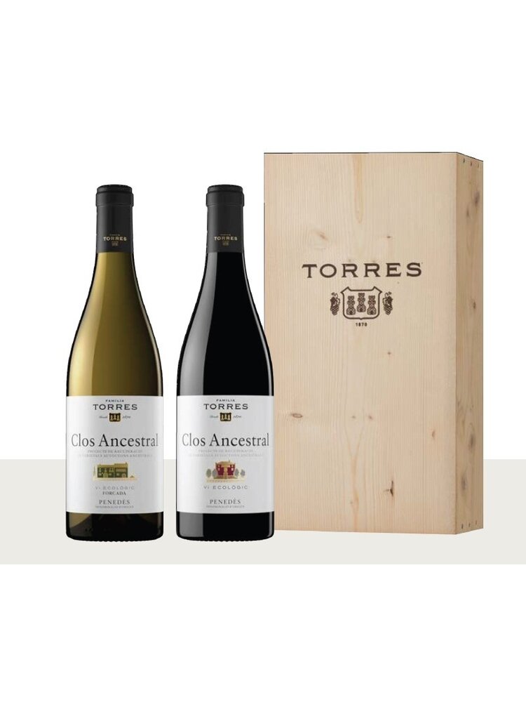 Conventioneel Torres houten kist 1 fles Wit + 1 fles Rood