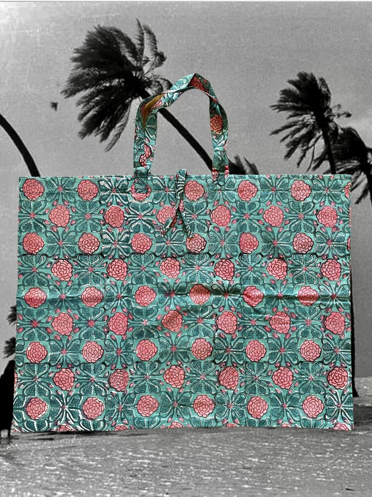 large green pink floral beach bag