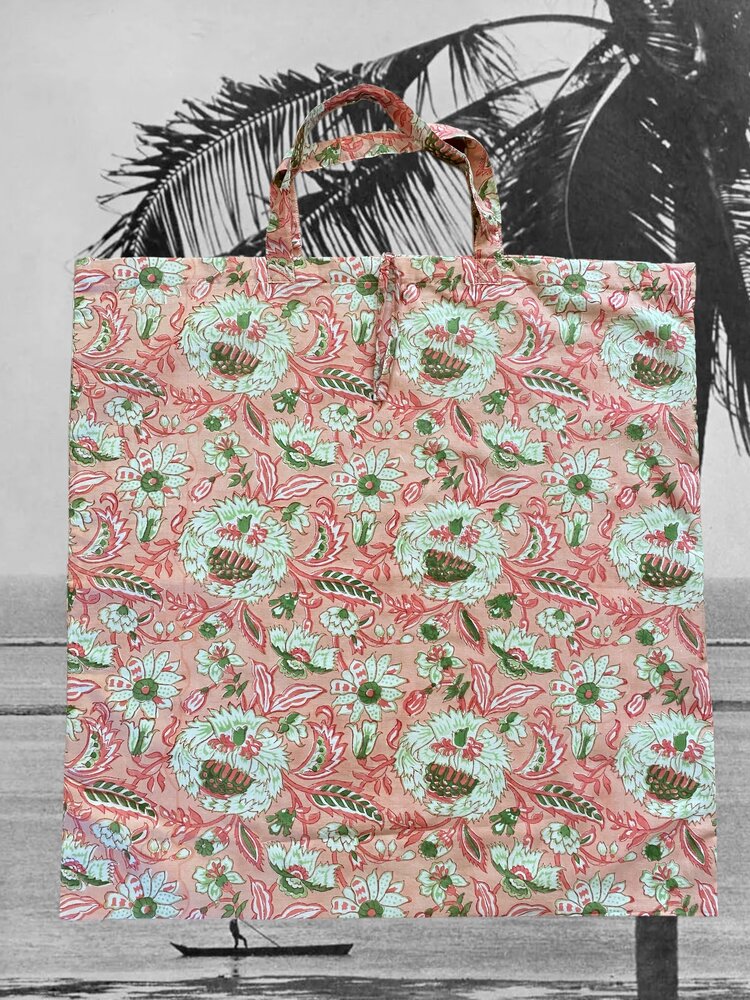 Large tote floral beach bag pink