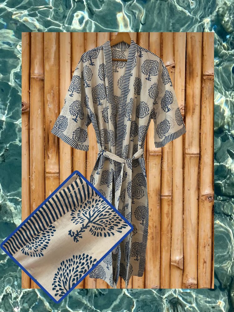 Floral bathrope navy 100% cotton