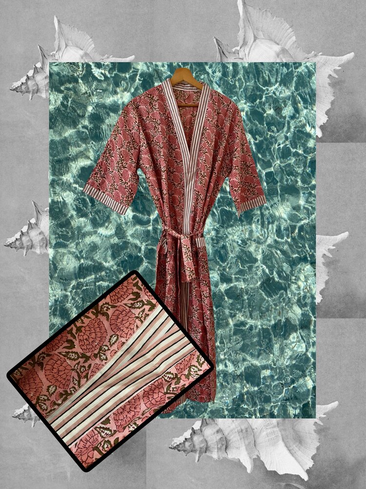 Floral bathrobe pink stripe 100% cotton