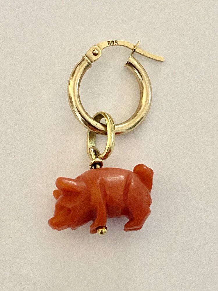 Coral Piggy charm 14 crt gold setting and hoop
